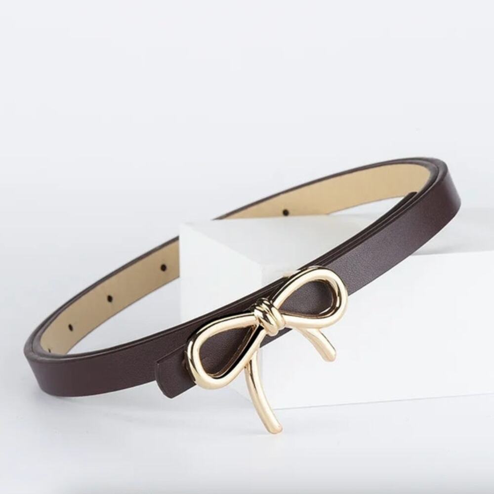 2/$30 Bow Belt NEW Chocolate Brown 27"-35" Gold Bow Adjustable Vegan Leather